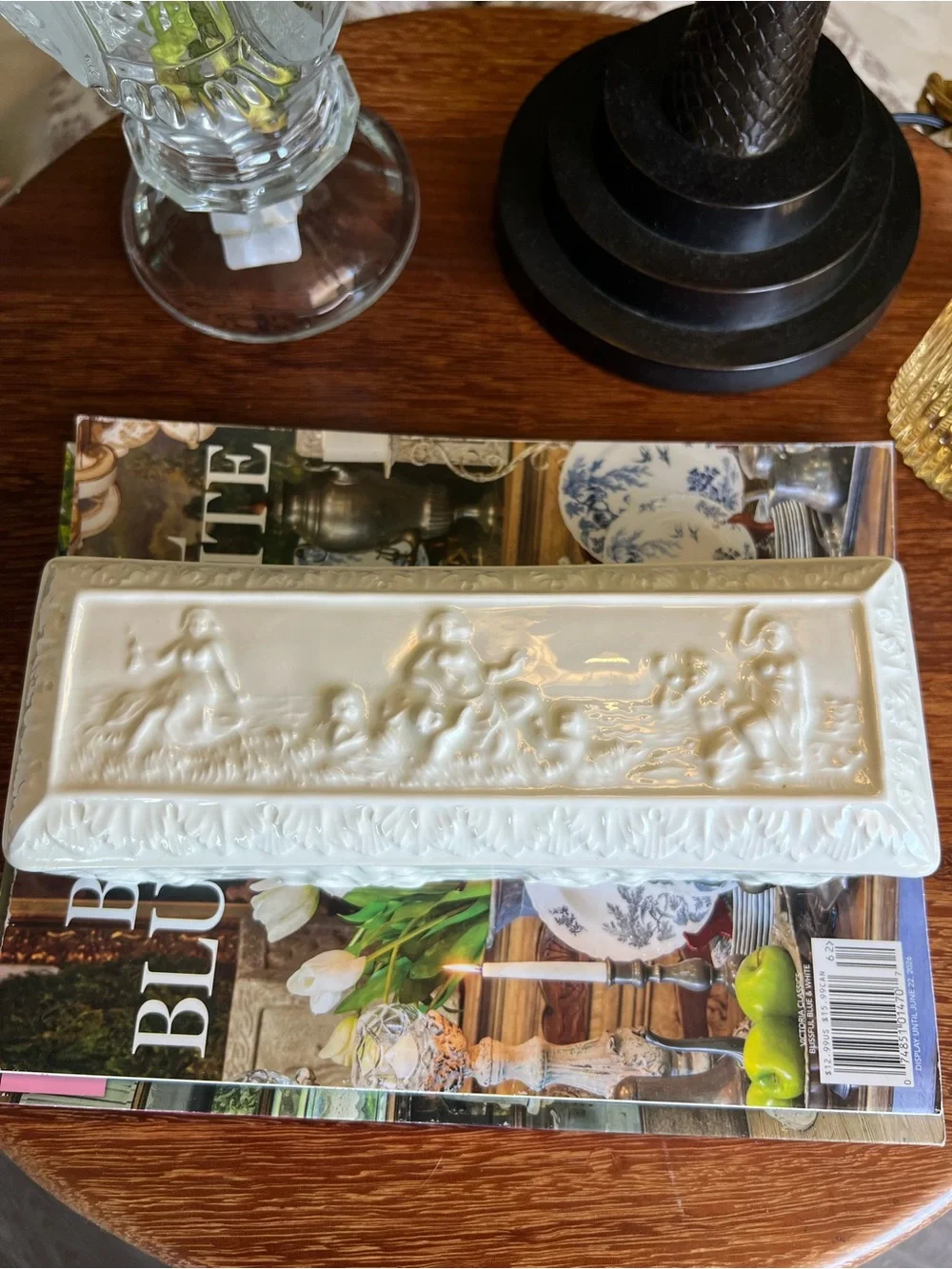 Vintage White Ceramic Cherub Box Relief Scene Jewelry Trinket Box With Lid